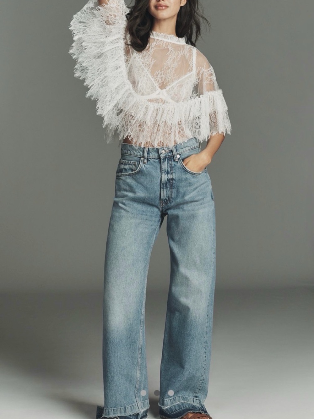 Anthropologie White Lace Ruffle Sheer Top